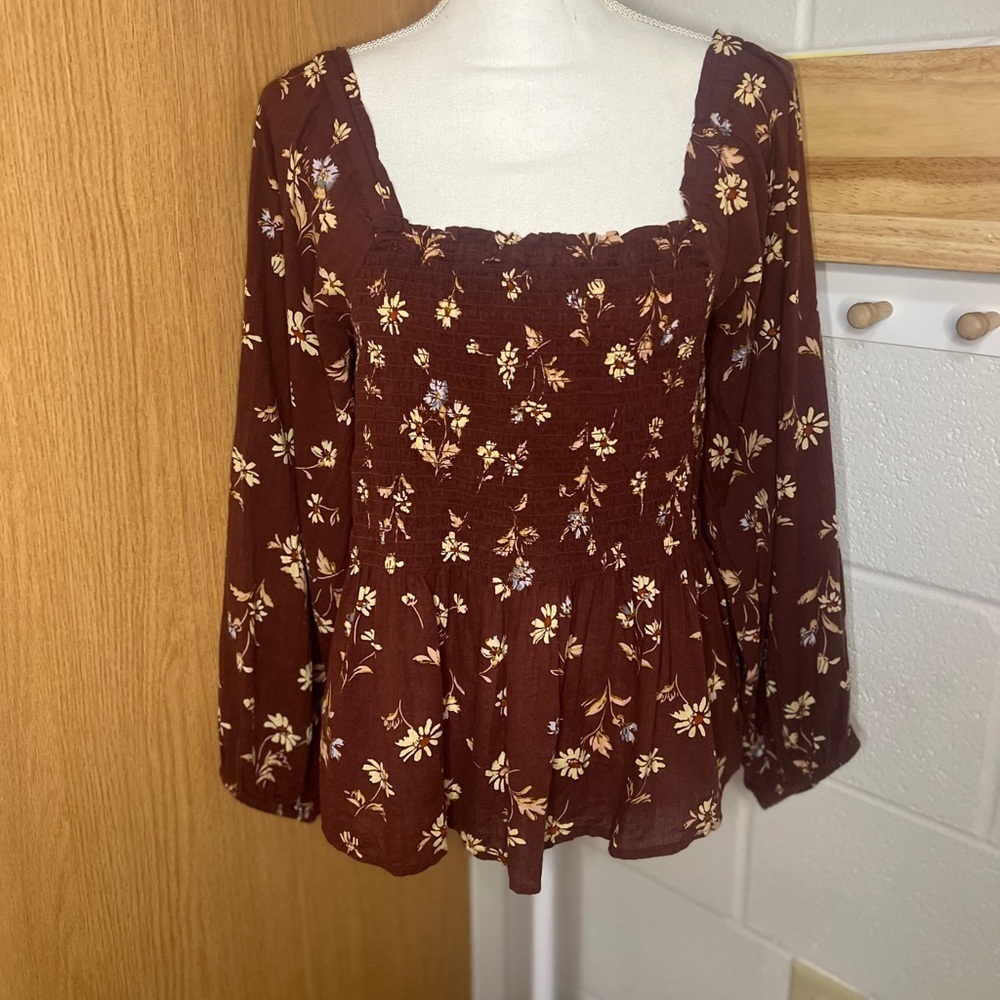 Madewell Floral Square neck smocked long sleeve